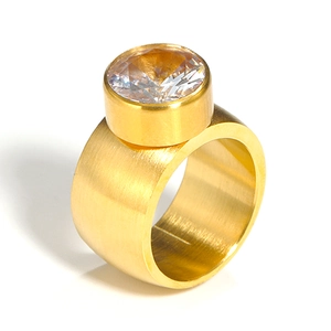 Gebürsteter goldener Edelstahlring mit großem runden Zirkonia-Hauptstein