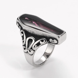 Gothic vintage coffin ring in stainless steel with purple skull silhouette design