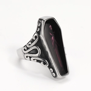Gothic vampire coffin ring in vintage silver titanium steel with black and red accents