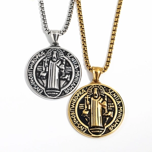 Collar con Colgante de Medalla de San Benito de Acero de Titanio Retro Punk Religioso Moneda Redonda Cruz Exorcista Joyería para Hombres Mujeres