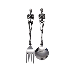 Gothic Skull Skeleton Handle Stainless Steel Tableware Fork Spoon Silver Metallic Flatware For Halloween Home Dining