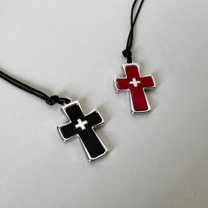 Dark punk rock style red and black cross pendant necklaces with adjustable black cord