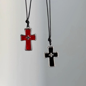 Gothic punk red and black cross pendant necklaces with adjustable black cord