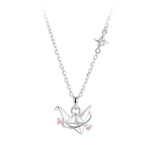 Stereoscopische origami kraanvogel ketting met roze zirkoon accenten in gepolijst zilver