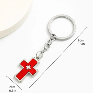 Dopamine style double cross keychain with red enamel inlay and silver metal frame