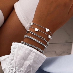 Five-piece silver bohemian chain bracelet set with heart charms and crystal tennis link