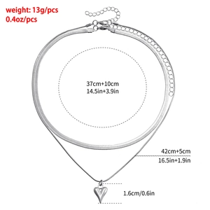 Detailed size chart of titanium double layer snake chain necklace with heart pendant