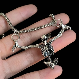 Vintage Punk Zinklegierung Skelett Totenkopf Anhänger Halskette Für Damen Halloween Gothic Schmuck Mit Boxkette Silberton