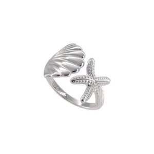 Anello regolabile in argento S925 con stella marina e conchiglia per donna