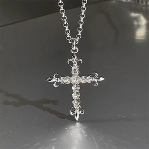 Gothic silver cross pendant necklace with white zircons and fleur-de-lis accents