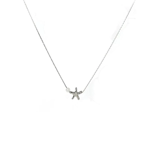 Minimalist silver starfish pendant necklace with a white pearl on a fine chain