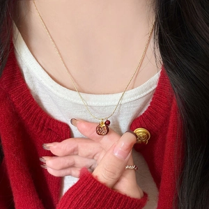 Collana con Ciondolo a Melograno in Lega di Zinco Oro Retro Strass Rosso Perla Artificiale Catena da Clavicola Donna Gioielli