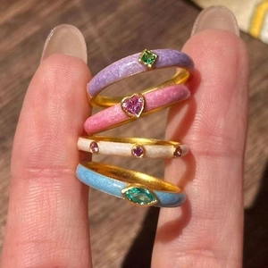 Vintage Macaron Enamel Zircon Open Ring For Women Colorful Dopamine Zinc Alloy Adjustable Heart Geometric Finger Ring Jewelry