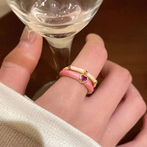 Macaron colorful enamel ring set with heart zircon stone in sweet French vintage style