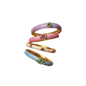 Set of four colorful enamel dopamine rings with zircon stones in vintage gold finish
