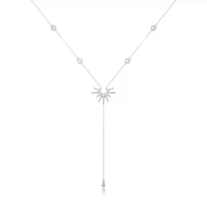 Elegant Y-shaped long silver necklace with sparkling star pendant and teardrop tassel charm