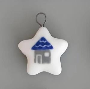 Star shaped ceramic pendant with hand-painted house pattern and golden metal ring
