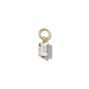 Macro detail of rectangle zircon pendant with 18K gold plated base and four-prong setting