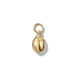 Macro view of polished 18K gold plated pebble pendant with smooth organic texture