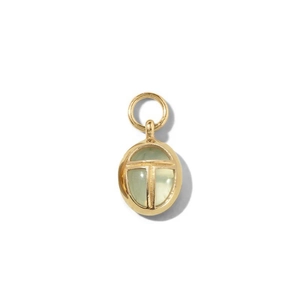 Close-up of 18K gold plated oval pendant with light green stone and T-shaped metal frame