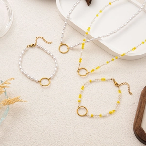 Ensemble Collier Bracelet en Künstliche Perles de Mode Pendentif Cercle en Cuivre Plaqué Or Bijoux Bohémiens Pour Femmes
