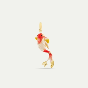 Detailed close-up of a vibrant enamel koi fish pendant with 18K gold plated scales