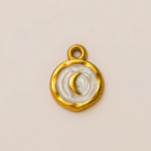 18K vergoldeter Edelstahl-Rundanhänger mit weißem Emaille und goldenem Halbmond-Motiv