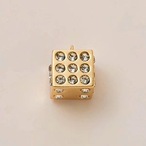 Golden 18K plated dice pendant with 3x3 grid zircon inlay and metal bail closure