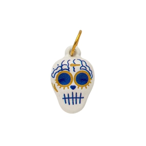 18K gold plated skull pendant with white ceramic finish and colorful Day of the Dead art