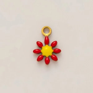 Colgante de flor de esmalte rojo y amarillo bañado en oro de 18K para creación de joyas DIY