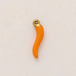 Detail of a shiny orange chili pendant with an 18K gold plated ring for DIY jewelry making