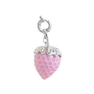 Pink strawberry pendant charm with silver leaf clasp on minimalist white background