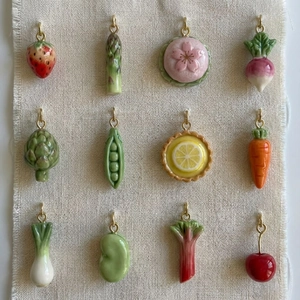 Handcrafted ceramic vegetable pendants with 18K gold-plated loops in 12 unique styles