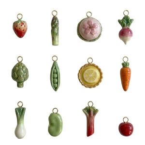 18K gold plated vegetable pendants set featuring carrot, pea, and strawberry designs