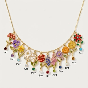 Collana fiori della nascita dorata con 12 ciondoli floreali colorati e zirconi lucidi