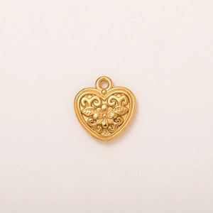 Colgante de corazón retro bañado en oro de 18K con flores y detalles de hojas