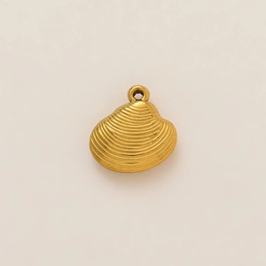 Detailed macro view of a 18k gold shell pendant with fine horizontal stripe textures