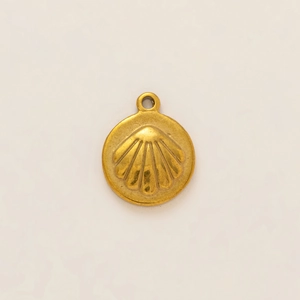Detailed view of an 18k gold plated stainless steel scallop shell relief pendant