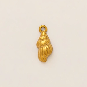 Macro shot of gold shell pendant in 18k plated stainless steel showing textured details