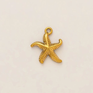 Macro detail of a 18k gold plated starfish charm with intricate marine textures