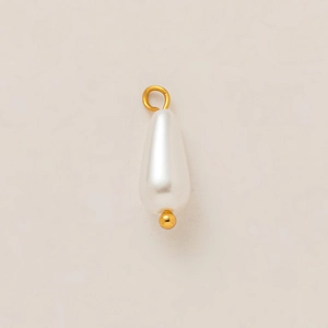Detail of tear-drop pearl pendant with 18k gold-plated metal ring and bead accents
