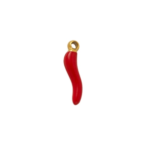 Polished red chili corno pendant in 18k gold plated stainless steel on white background