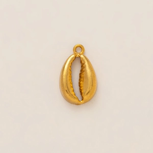 Macro detail of gold-plated seashell pendant with matte finish and integrated bail connector