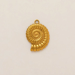Detail of 18k gold plated stainless steel nautilus shell pendant with textured surface
