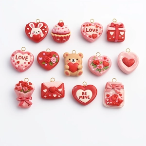 13pcs Valentine's Day resin charms featuring hearts, bears and cakes with 18K gold rings