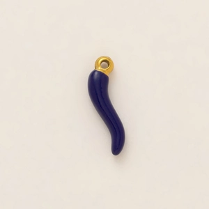 Close-up of blue enamel Italian Cornicello horn pendant with 18k gold plated ring