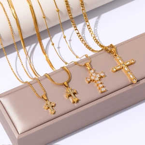 18k gold plated stainless steel cross pendant necklace with white cubic zirconia crystals