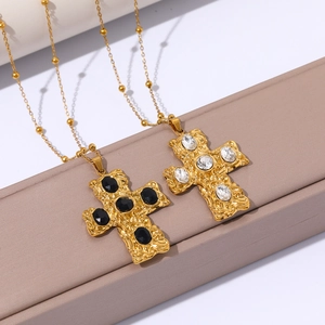 18k gold plated stainless steel cross pendant necklaces with colorful gemstones