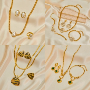 Vintage Gold Plated Stainless Steel Jewelry Necklace Earrings Ring Bracelet For Women Artificial Pearl Emerald Geometric Style