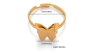 Detailed view of adjustable golden butterfly ring with measurements and matte finish